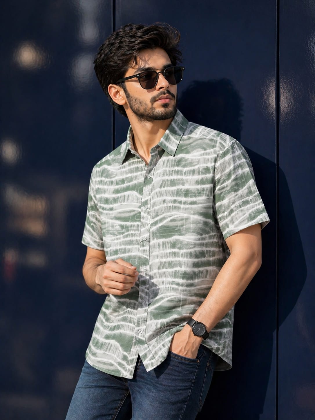 Men’s Melange Shirt | Premium Casual Shirt for Men | Regular Fit Half Sleeve (Blue, Green)