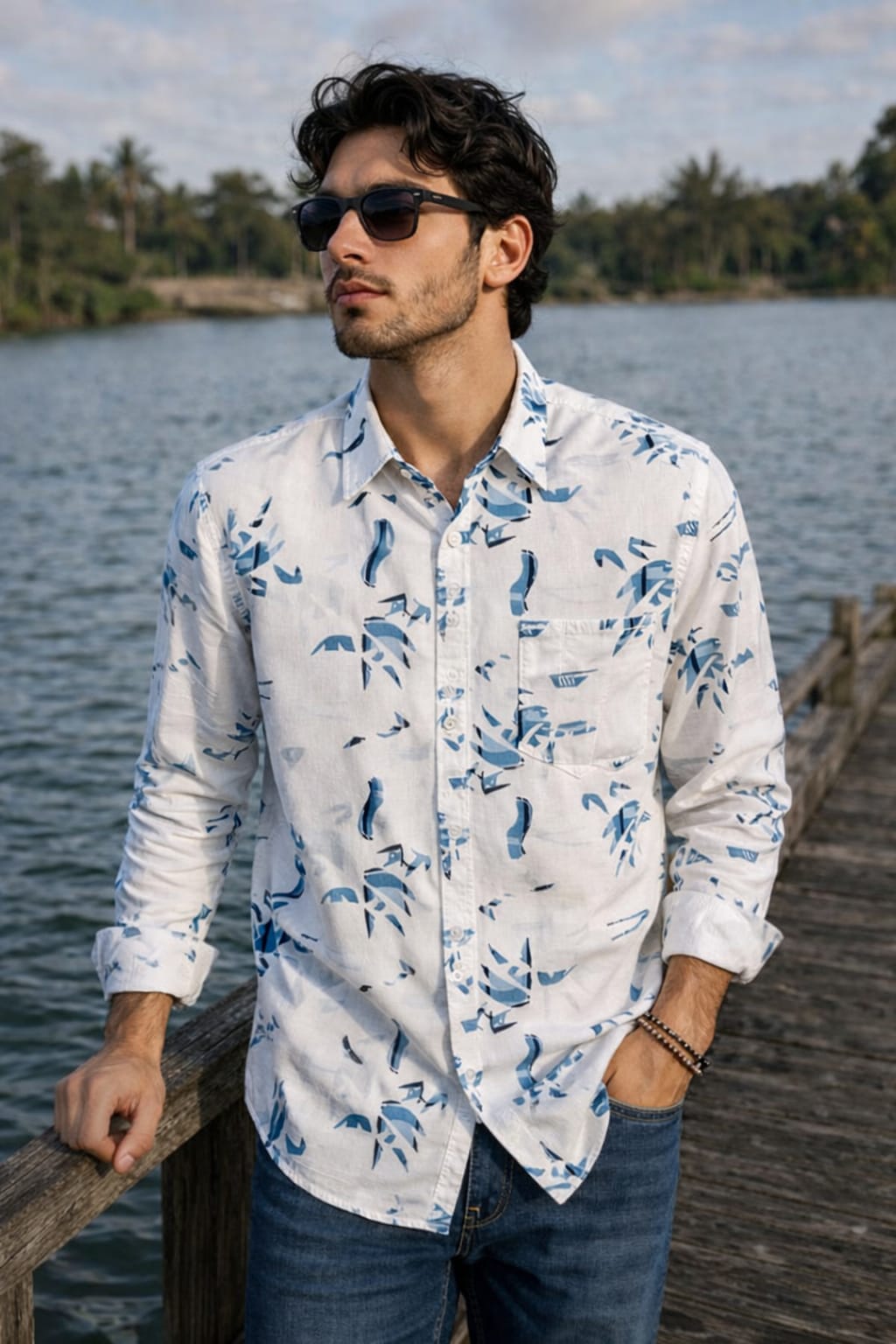 Men's Cartel Cotton White & Blue Printed Shirt | Casual & Occasional Wear