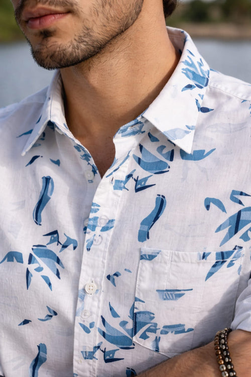 Men's Cartel Cotton White & Blue Printed Shirt | Casual & Occasional Wear