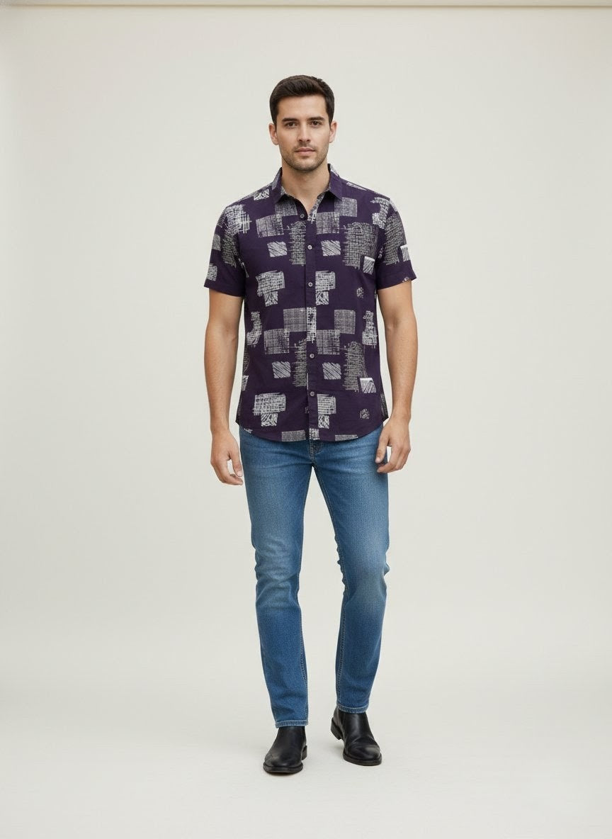 Men's Cartel Men's Premium Rayon Printed Half Sleeve Shirt for Men | Dark Purple Abstract Print Casual Summer Shirt