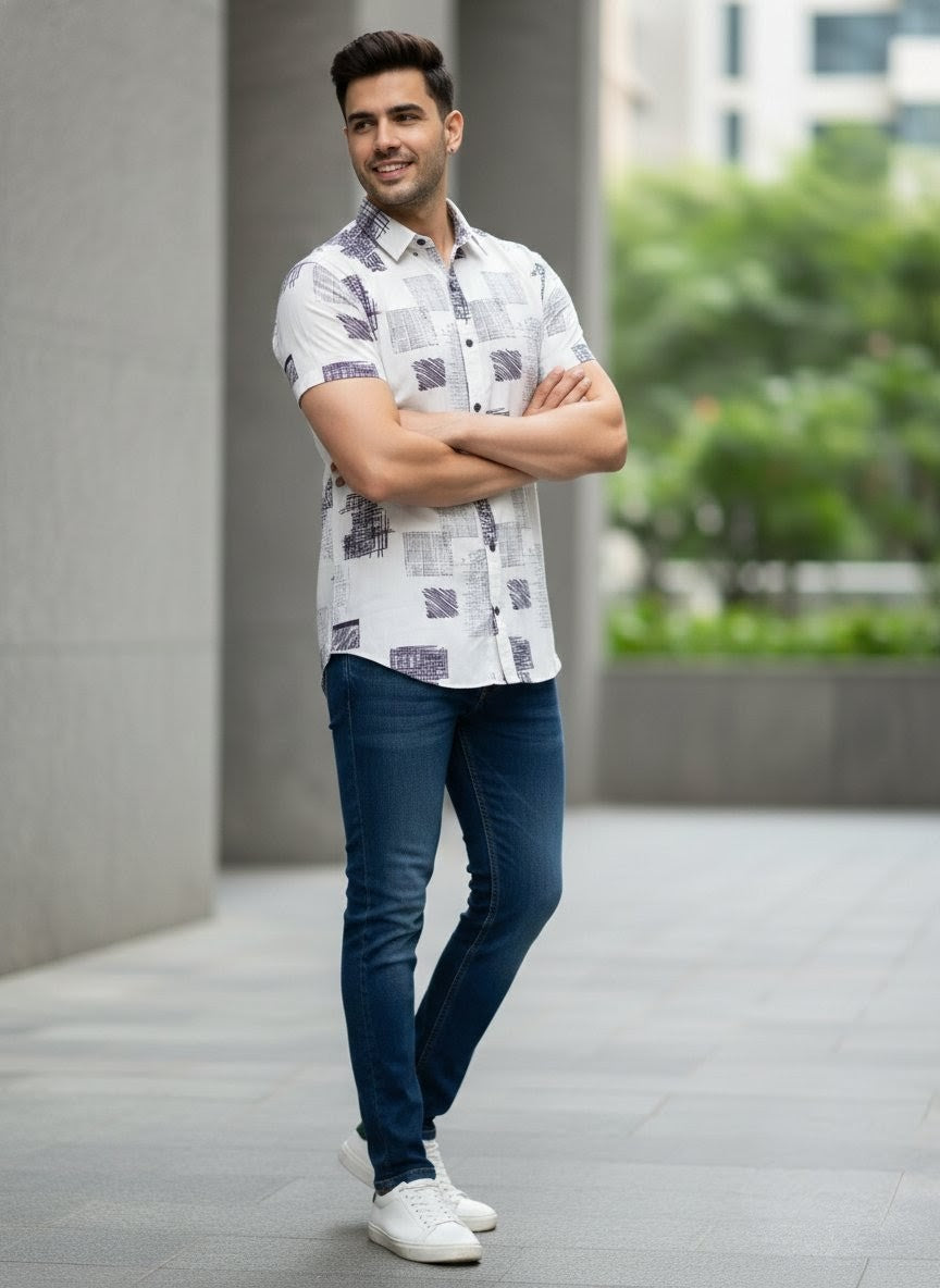 Men's Cartel Men's Premium Rayon Printed Half Sleeve Shirt for Men | Dark Purple Abstract Print Casual Summer Shirt