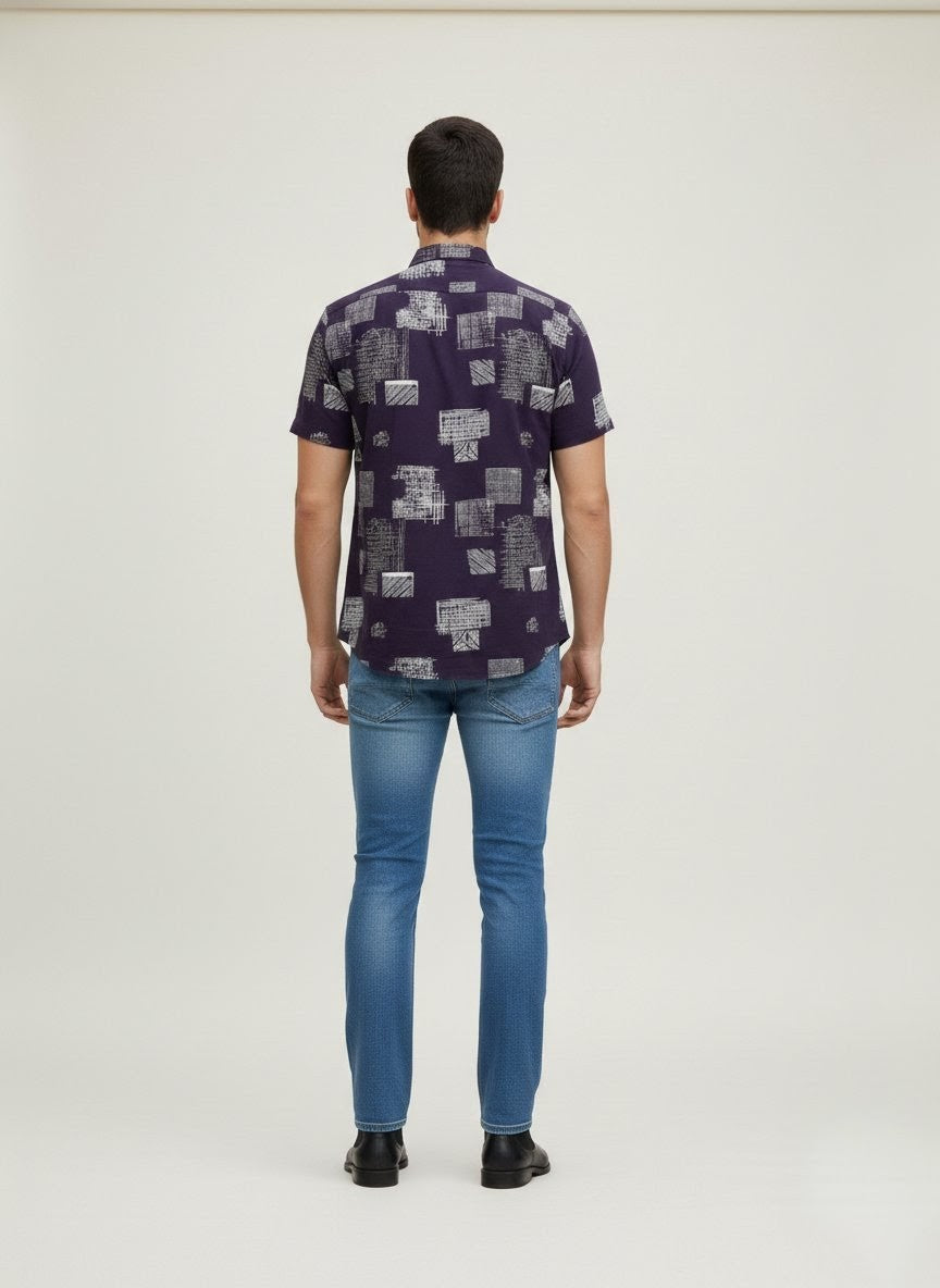 Men's Cartel Men's Premium Rayon Printed Half Sleeve Shirt for Men | Dark Purple Abstract Print Casual Summer Shirt