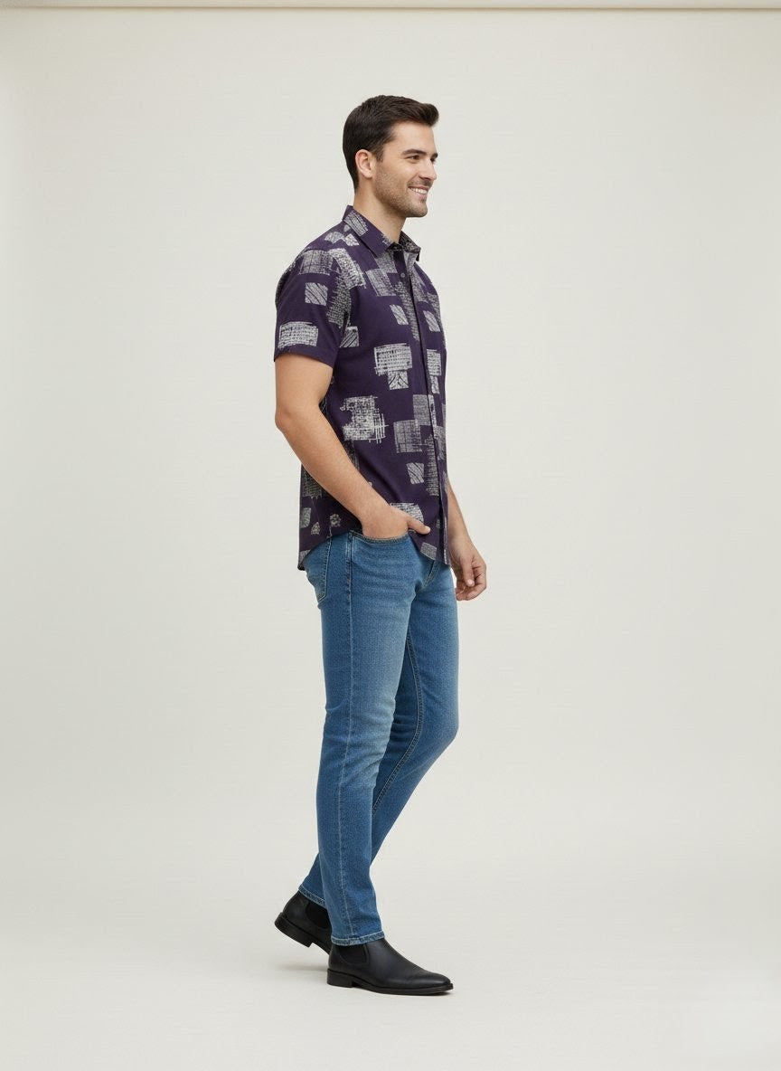 Men's Cartel Men's Premium Rayon Printed Half Sleeve Shirt for Men | Dark Purple Abstract Print Casual Summer Shirt