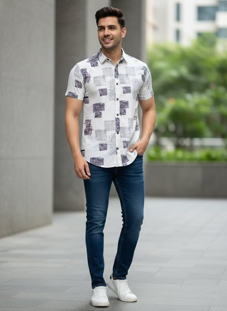 Men's Cartel Men's Premium Rayon Printed Half Sleeve Shirt for Men | Dark Purple Abstract Print Casual Summer Shirt